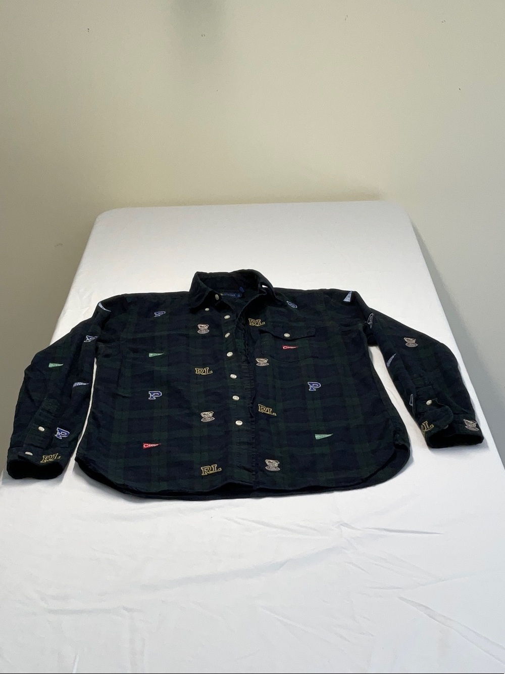 Men's Dark Green Plaid Button-Up Shirt with Embroidered Logos